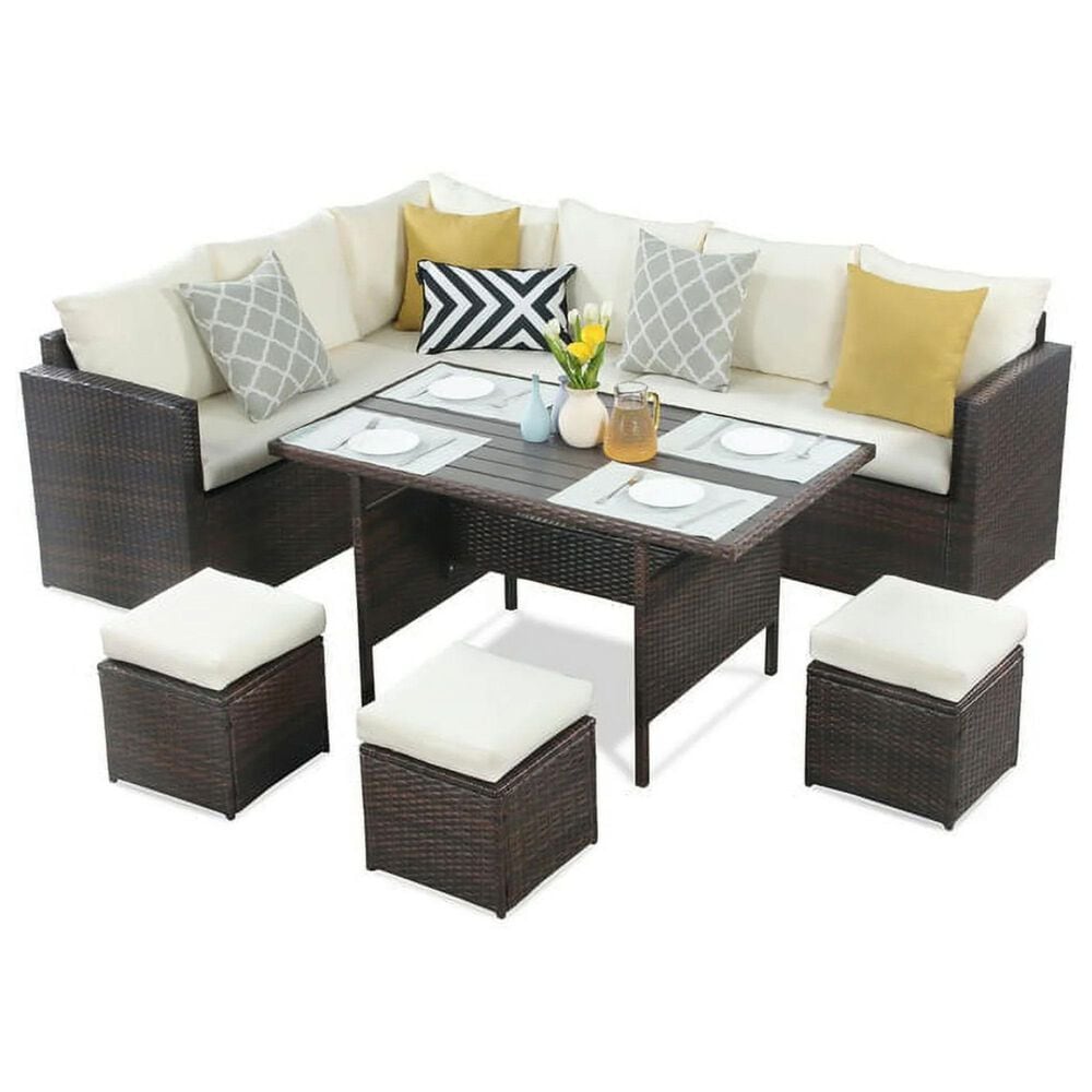 Hearth and Haven 7-Piece Outdoor Dining Set with Beige Cushion in Brown, , large