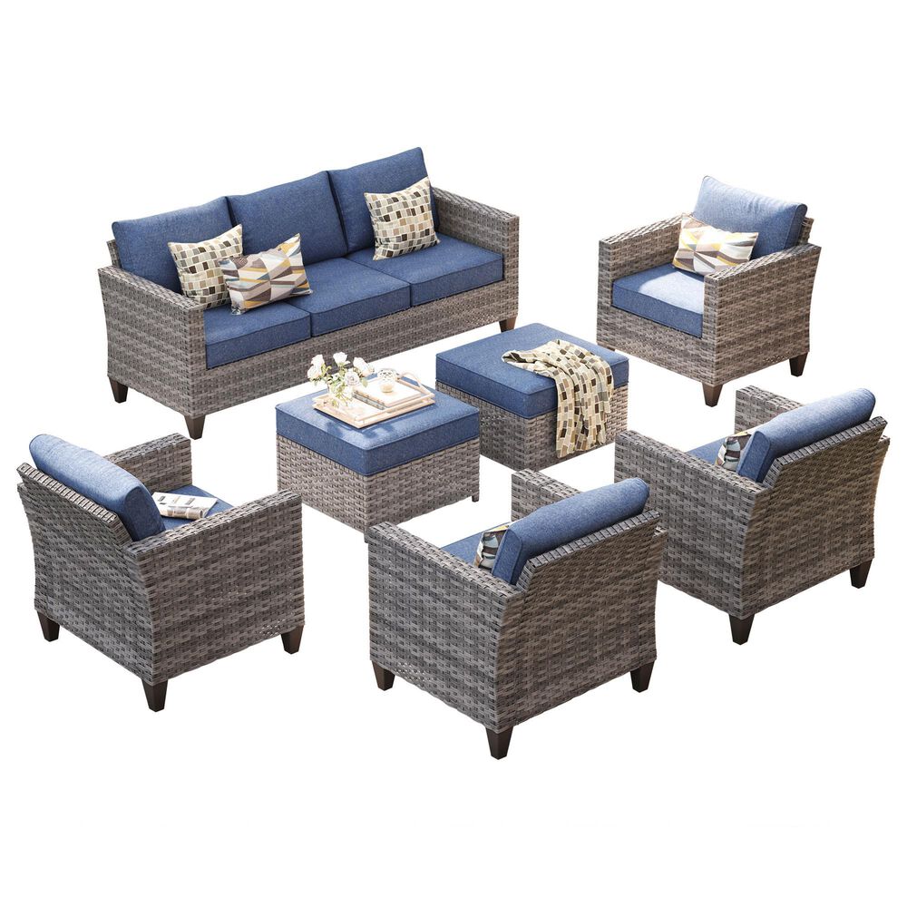 HOMLUX 7-Piece Rattan Sectional Set in Denim Blue, , large