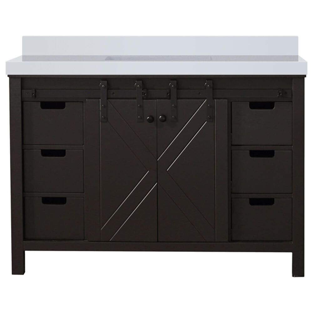 Lexora Home Marsyas 48&quot; Single Bathroom Vanity in Brown with 2 cm White Cultured Marble Top and Rectangular Sink, , large
