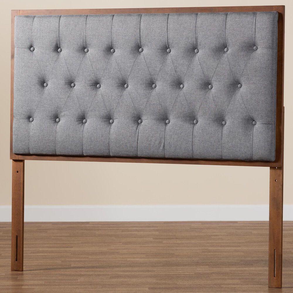 Baxton Studio Harumi King Panel Headboard with Grey Fabric in Ash Walnut, , large
