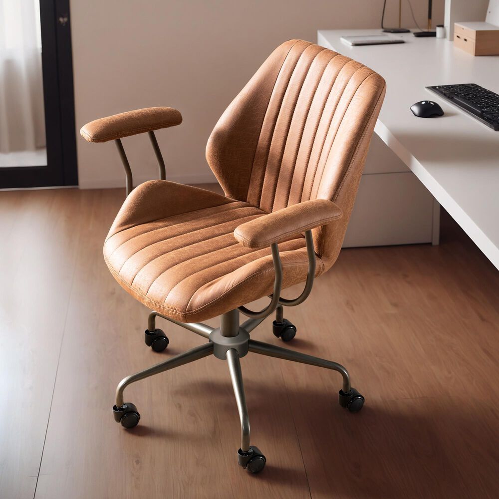 HOMLUX Mid Back Ergonomic Office Chair with Suede Leather in Brown, , large