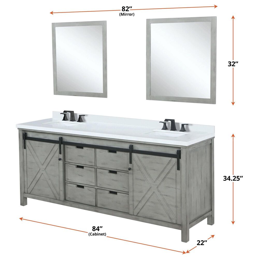 Lexora Home Marsyas 84&quot; Double Bathroom Vanity in Ash Grey with White Quartz Top and Rectangular Sinks, , large