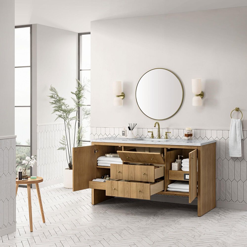 James Martin Vanities Hudson 60" Single Bathroom Vanity in Light Natural Oak with 3 cm Ethereal Noctis Quartz Top, Rectangular Sink and FreePower Wireless Charger, , large