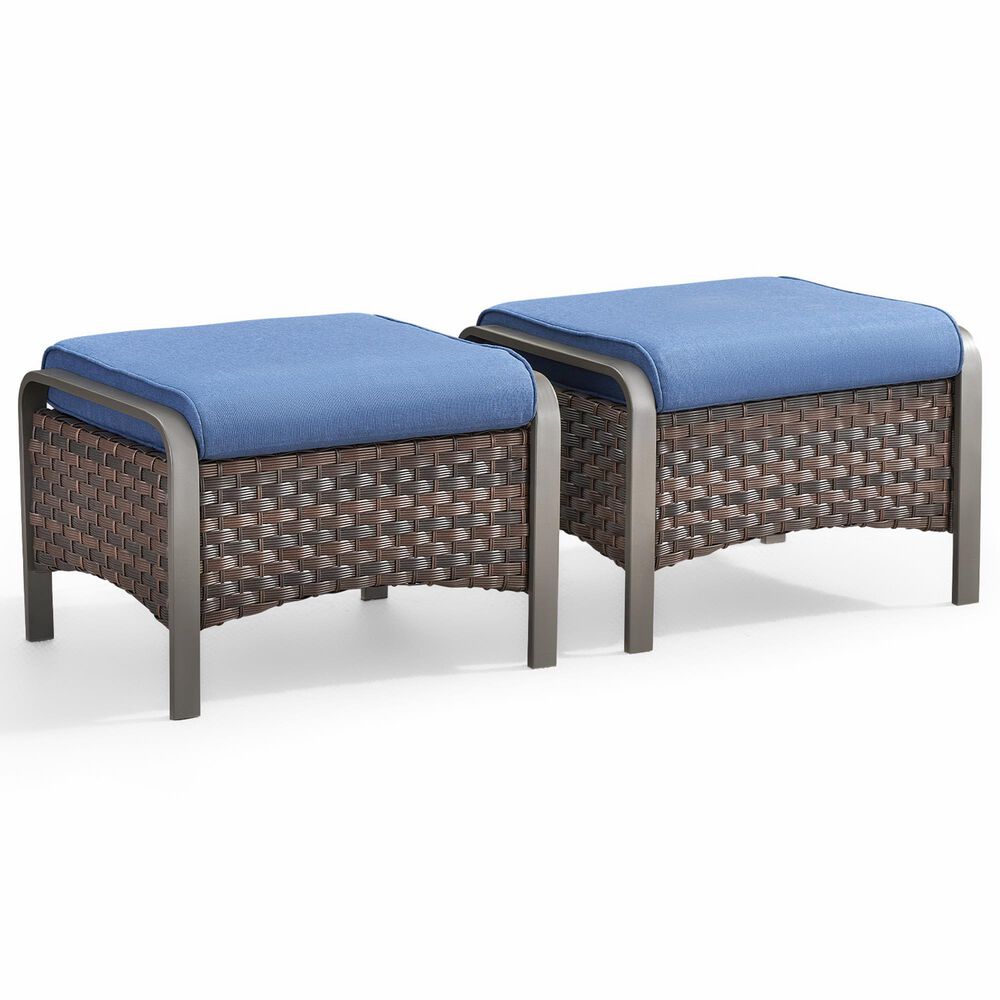 Sunwell Garden Outdoor Ottoman with Navy Cushion in Brown (Set of 2), , large