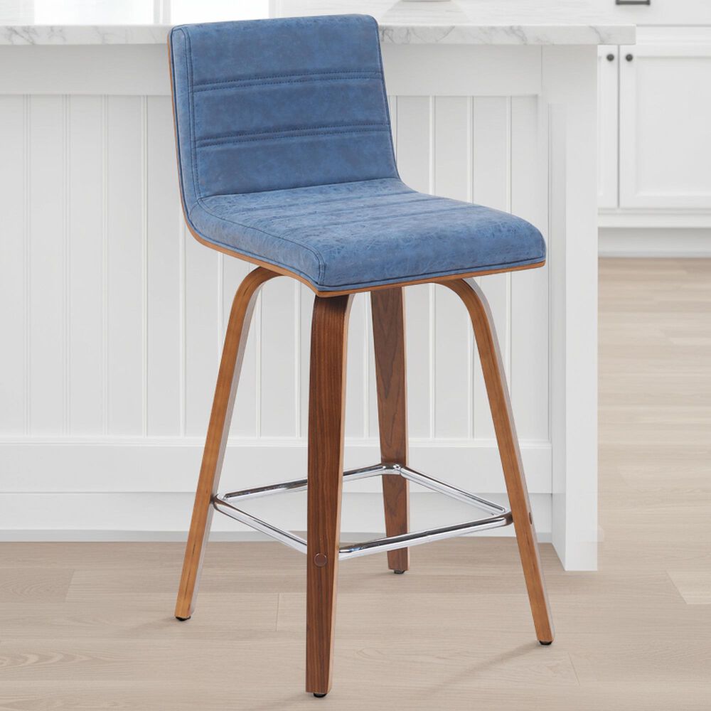 Armen Living Vienna Swivel Counter Height Stool with Vintage Blue Upholstery in Walnut, , large