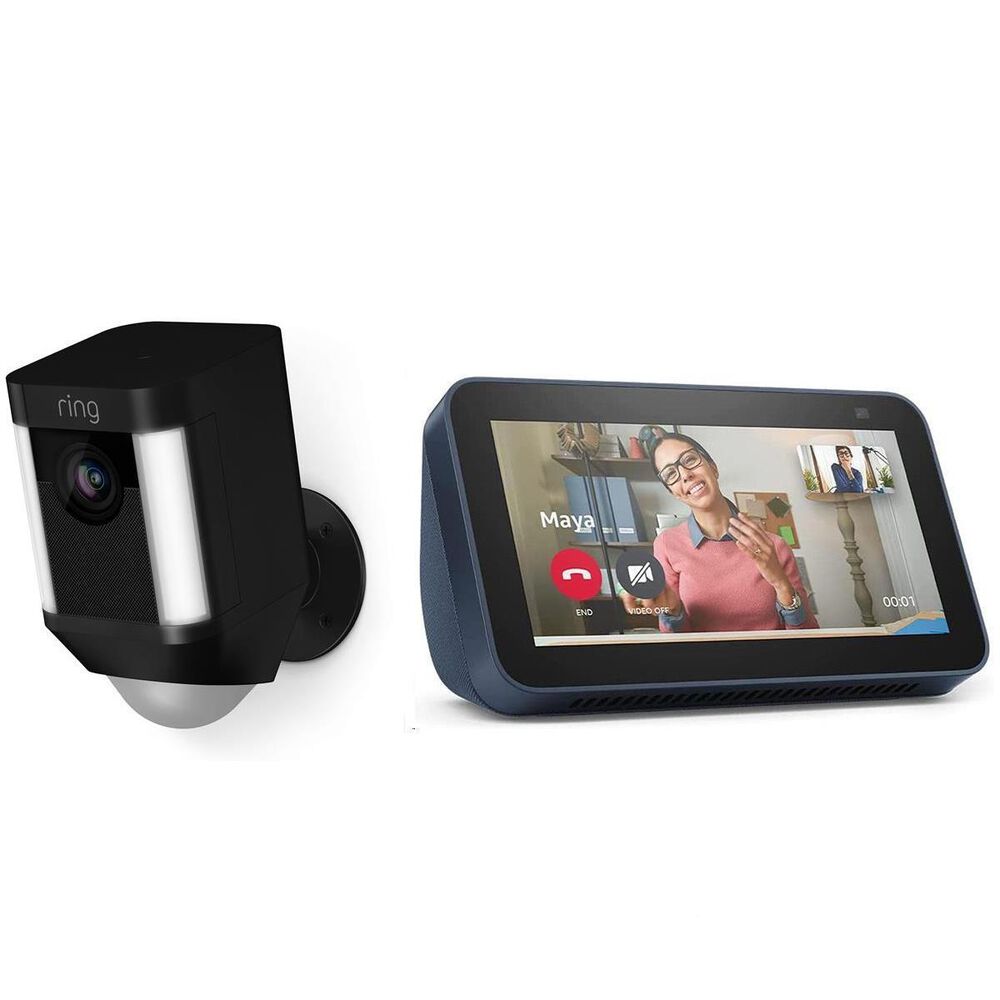 Ring Spotlight Cam Battery Powered in Black with Deep Sea Blue Echo Show 5 Smart Display, , large