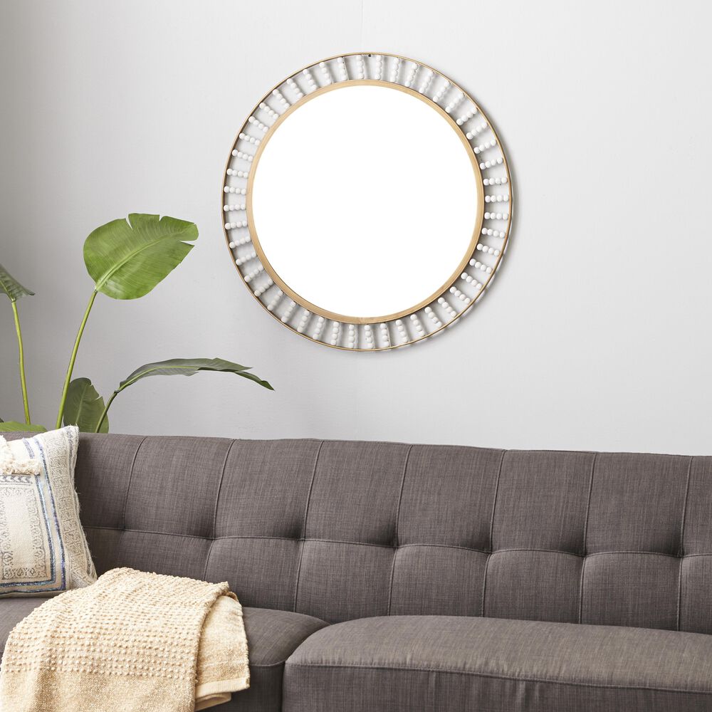 Maple and Jade 32&quot; Round Wall Mirror in Golden Brown and White, , large