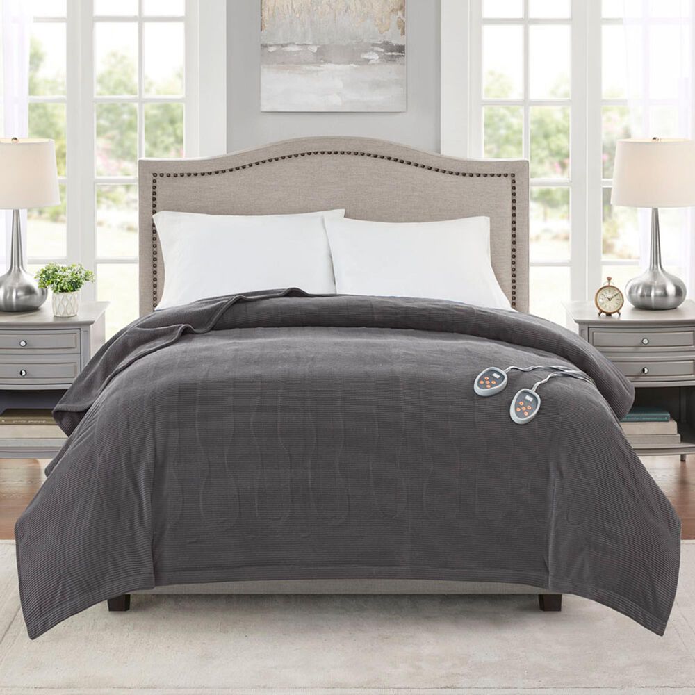 Hampton Park Electric Micro Fleece Heated Full Blanket in Grey, , large