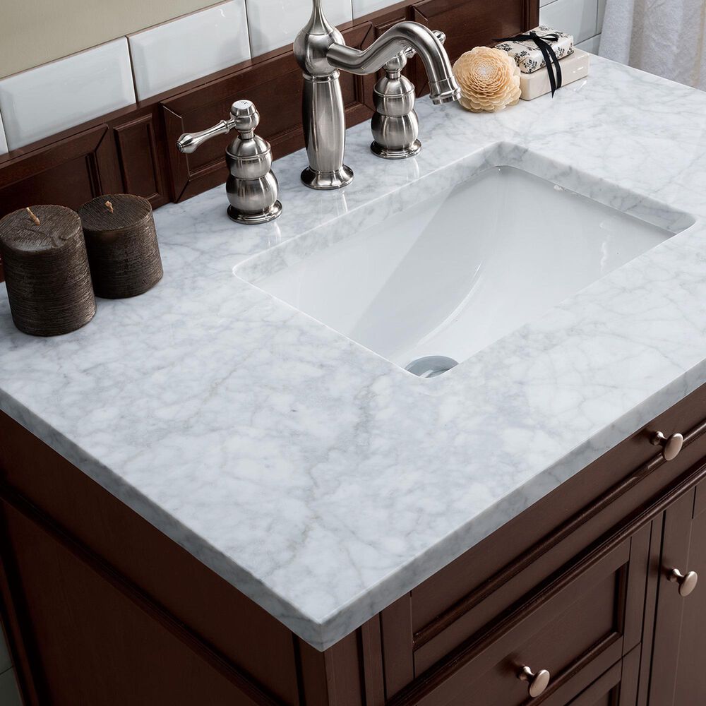 James Martin Vanities Brittany 36&quot; Single Bathroom Vanity in Burnished Mahogany with 3 cm Carrara White Marble Top and Rectangle Sink, , large