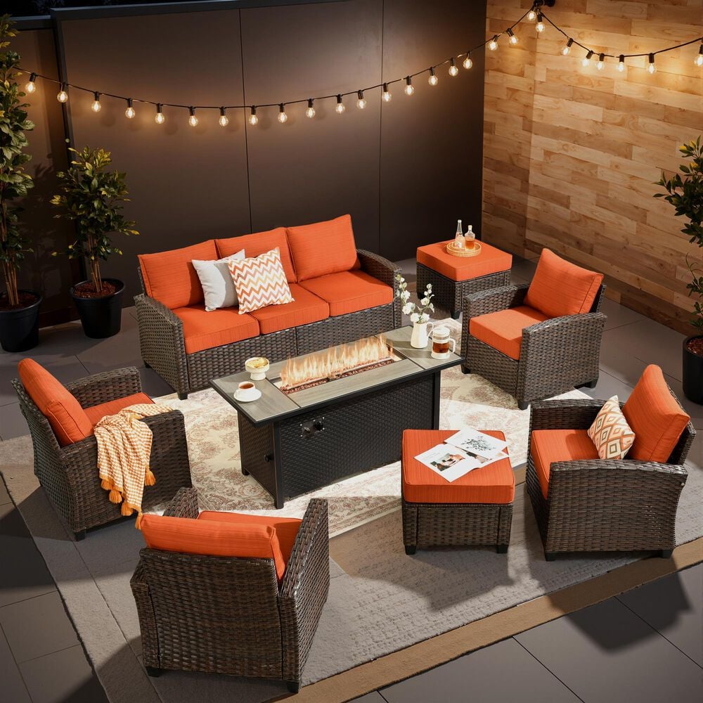 HOMLUX 8-Piece Patio Conversation Set with Fire Pit Table in Orange Red, , large