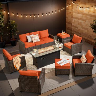 HOMLUX 8-Piece Patio Conversation Set with Fire Pit Table in Orange Red, , large