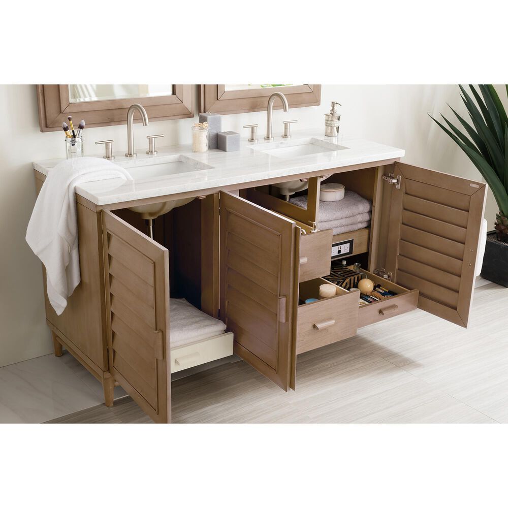 James Martin Vanities Portland 60&quot; Double Bathroom Vanity in Whitewashed Walnut with 3 cm Arctic Fall Solid Surface Top and Rectangular Sinks, , large