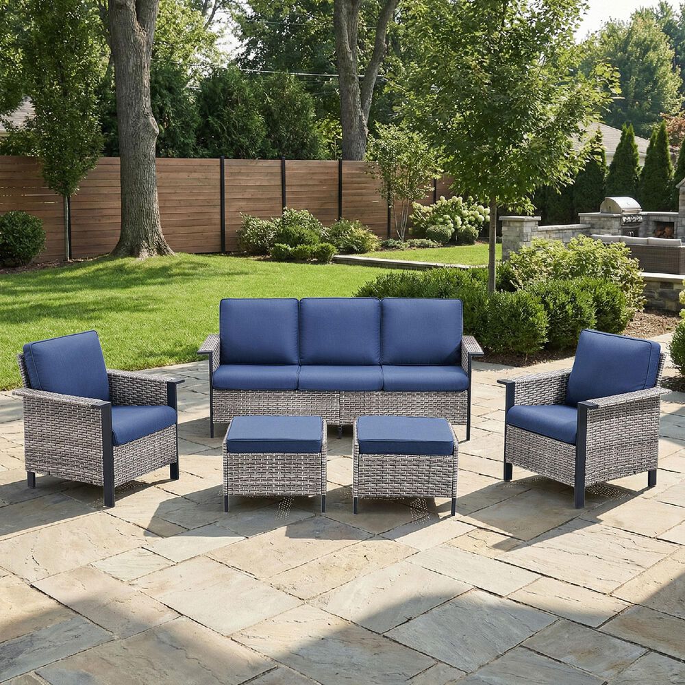 Sunwell Garden 5-Piece Patio Chat Set with Two Stationary Chairs in Navy, , large