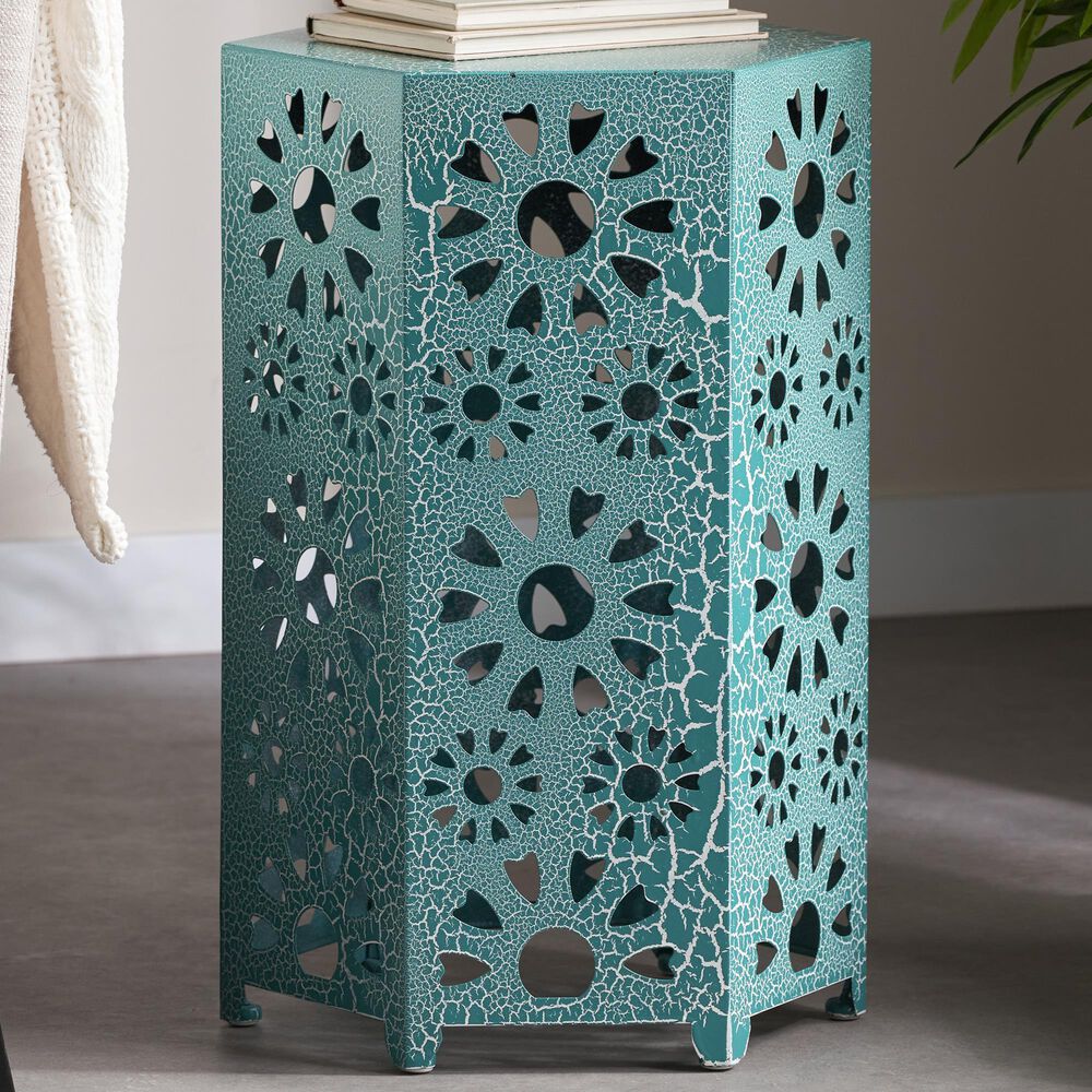 Hearth and Haven Galore 14" Outdoor Hexagon Metal Side Table with Sunburst Cut Out Design in Teal, , large