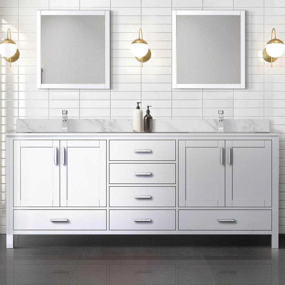 Lexora Home Jacques 80&quot; Double Bathroom Vanity in White with 2 cm White Carrara Marble Top and Rectangular Sinks, , large