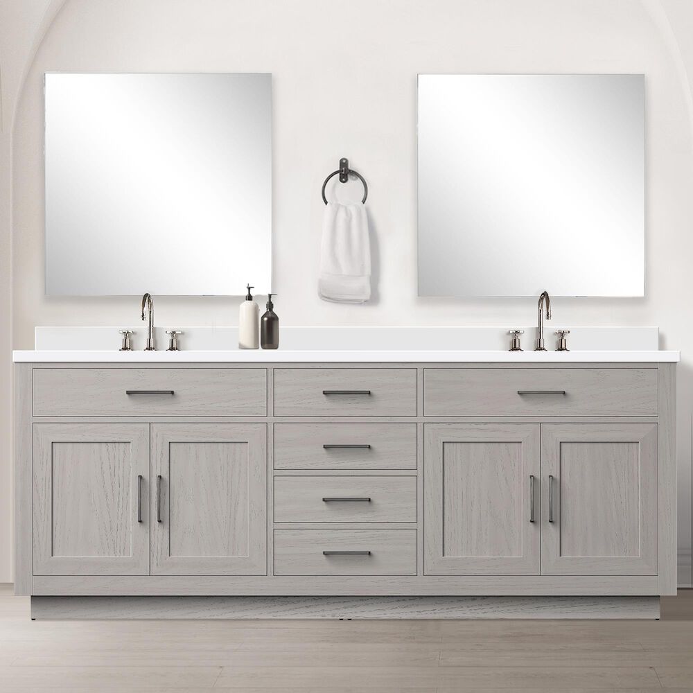 Lexora Home Abbey 84&quot; Double Bathroom Vanity in White Oak with 2 cm White Quartz Top and Rectangular Sinks, , large