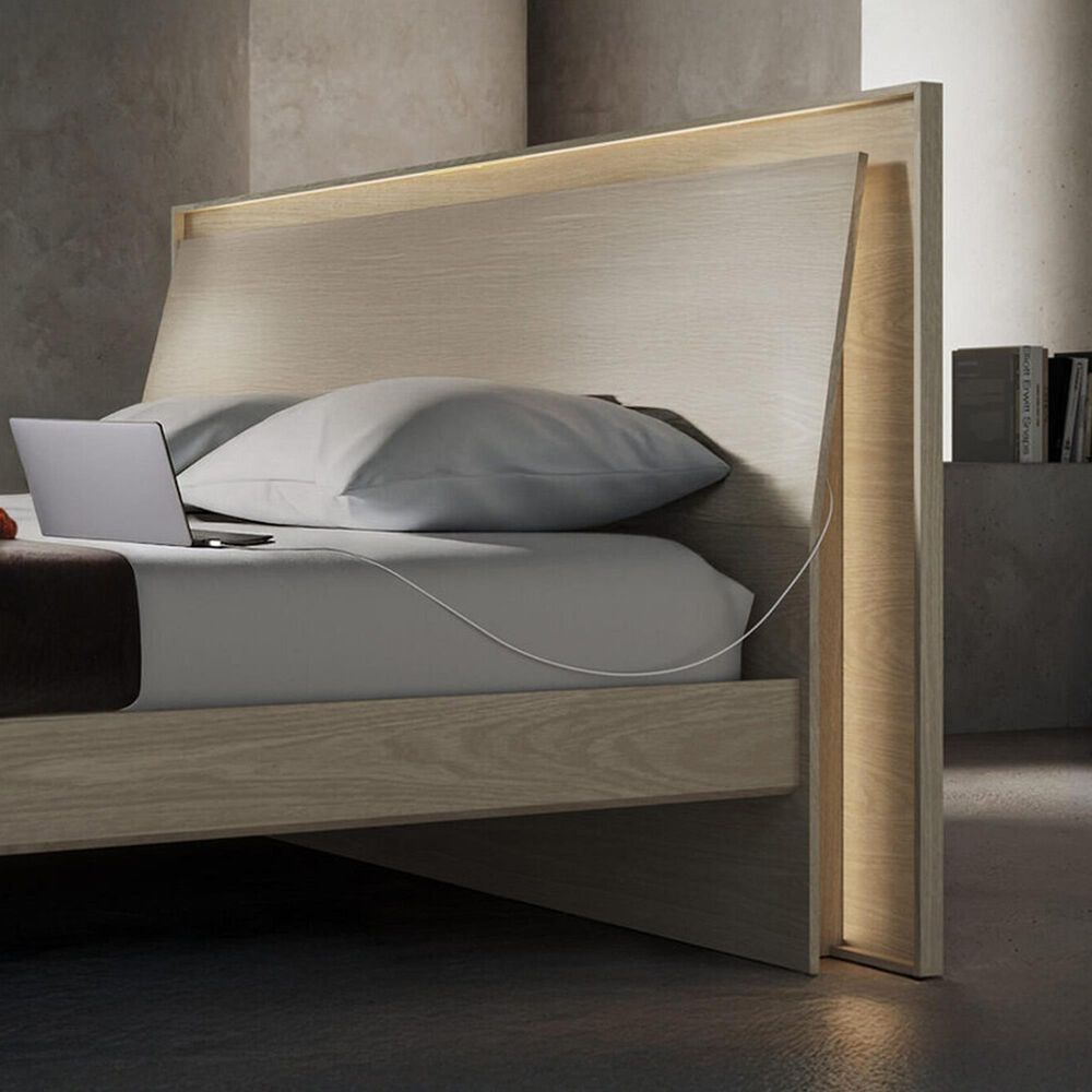 BDI Kava Queen Platform Bed in Washed Oak with Lighting and USB Ports, , large