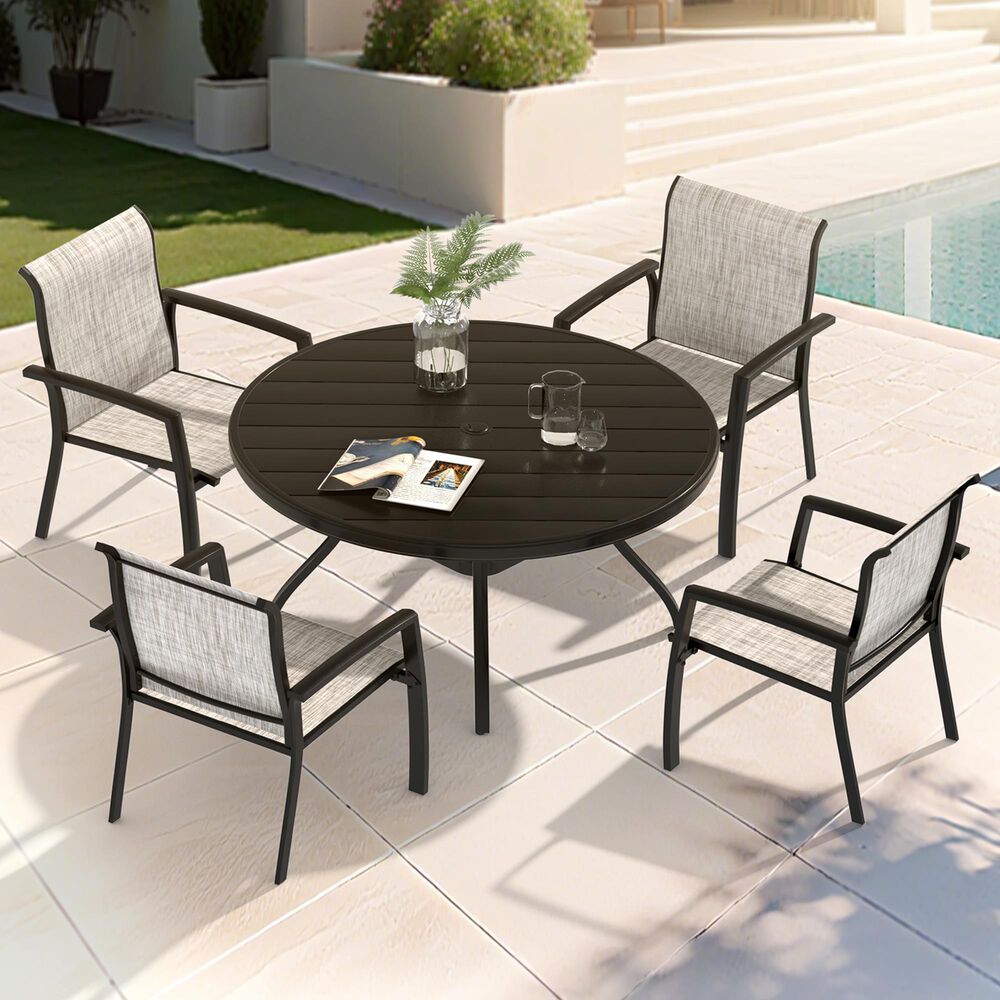 Hearth and Haven 5-Pieces Outdoor Dining Set with Stackable Chairs and Round Table in Black, , large
