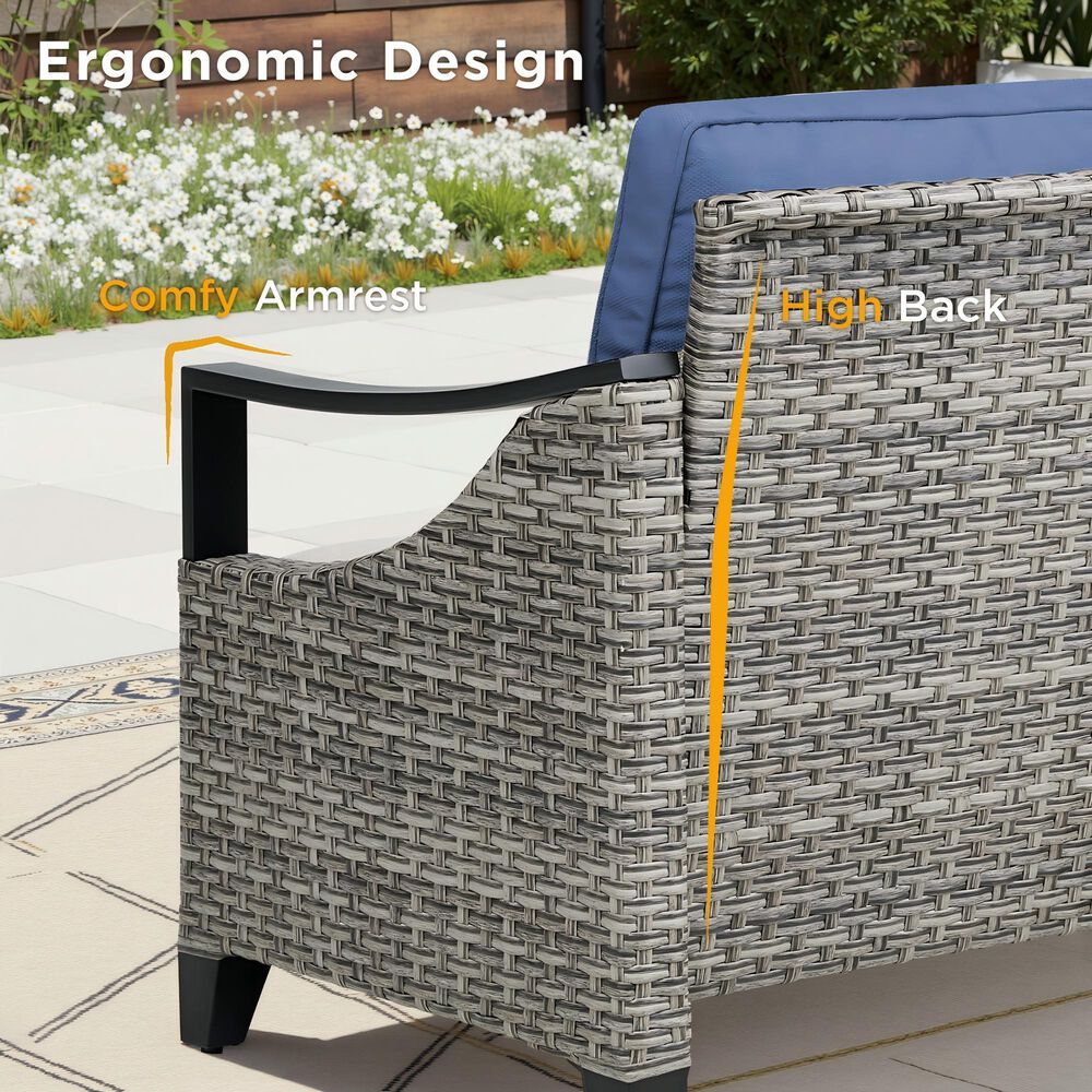 Sunwell Garden 32"H 3-Seater Outdoor Sofa with Curved Navy Cushions in Gray, , large