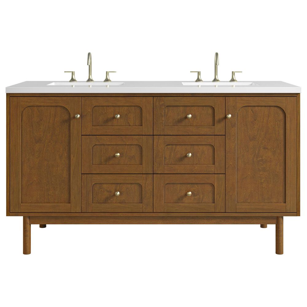 James Martin Laurent 60" Double Bathroom Vanity in Honey Oak with 3 cm White Zeus Silestone Top and Rectangular Sinks, , large
