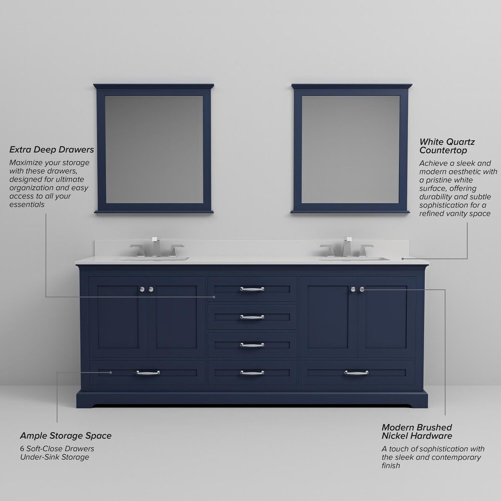 Lexora Home Dukes 80" Double Bathroom Vanity in Navy Blue with 2 cm White Quartz Top and Rectangular Sinks, , large