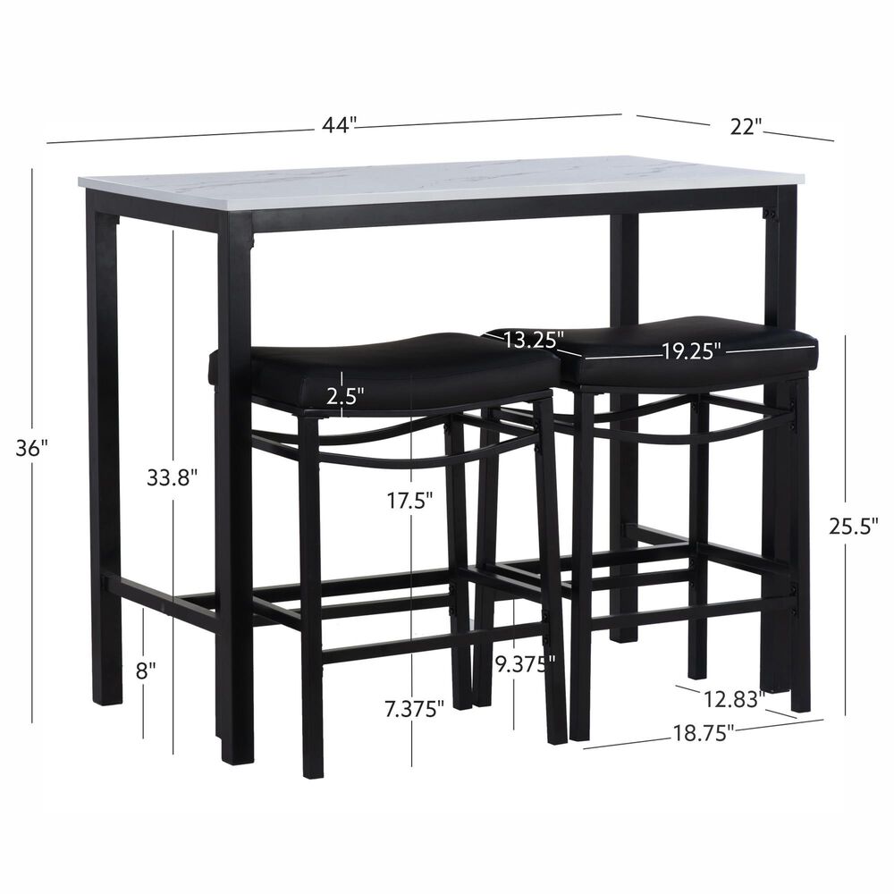 Linon Home Decor Betty 3-Piece Faux Marble Pub Set in Black and White, , large