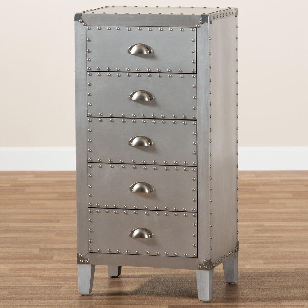 Baxton Studio Carel 5-Drawer Accent Storage Cabinet in Silver, , large