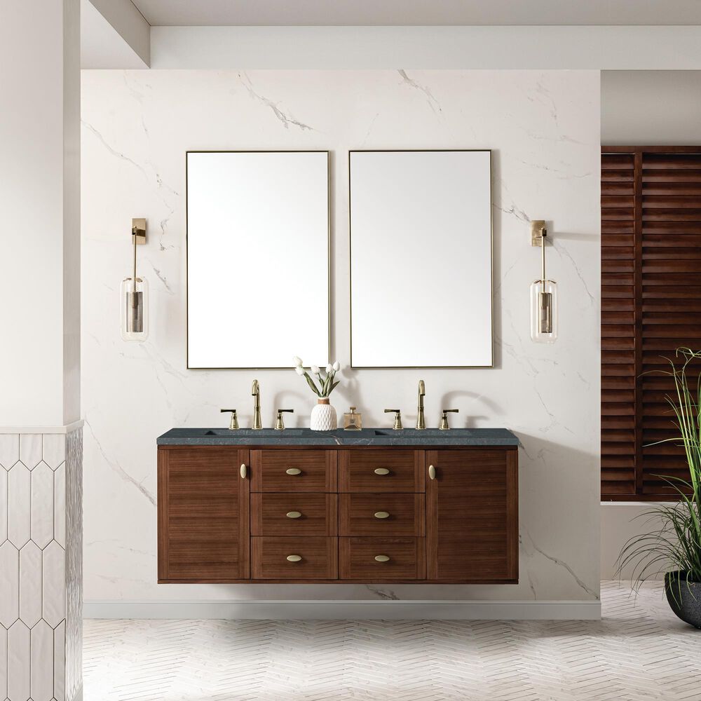 James Martin Vanities Amberly 60&quot; Double Bathroom Vanity in Mid-Century Walnut with 3 cm Parisien Bleu Quartz Top and Rectangular Sinks, , large