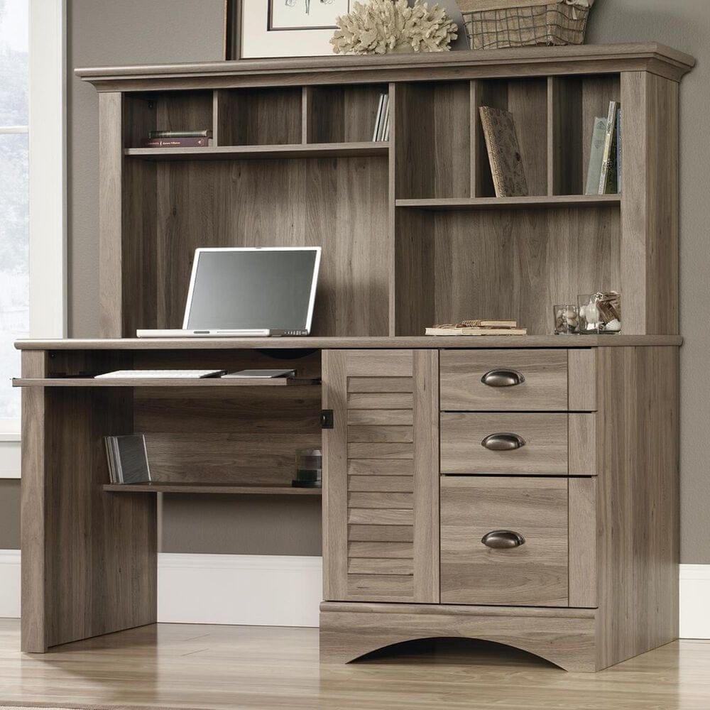 Sauder Harbor View Computer Desk with Hutch in Salt Oak