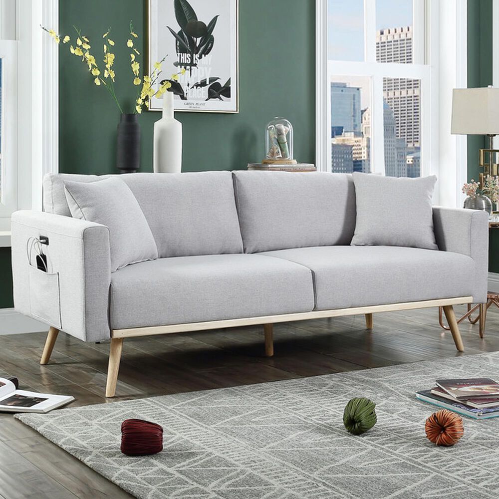 HOMLUX 75" Stationary Sofa with USB Ports in Light Gray, , large