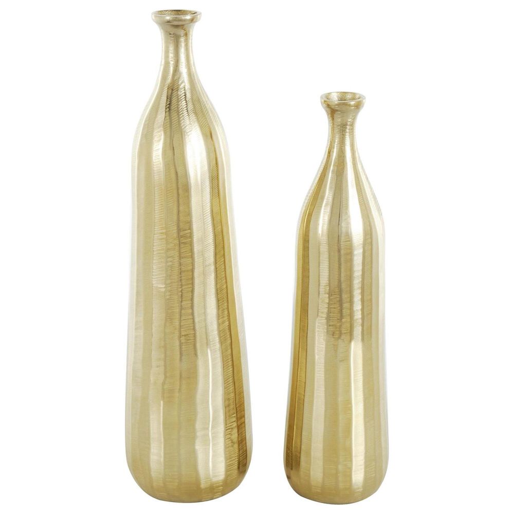 Maple and Jade 2-Piece Decorative Vase Set with Wavy Accents and Textured Ridges in Shiny Gold, , large