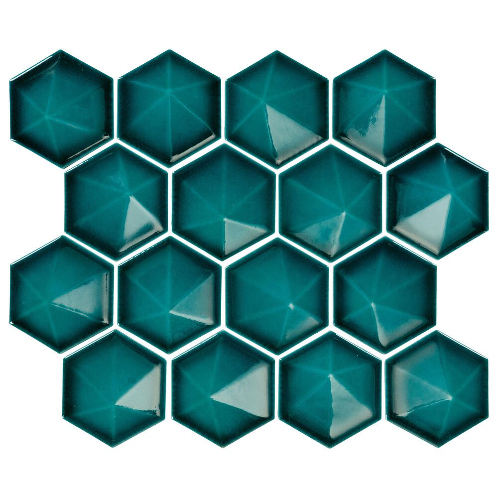 Dal-Tile Artefino Jewel Aquamarine 3" Pyramid Hexagon Apex on 11" x 12" Porcelain Mosaic Sheet, , large
