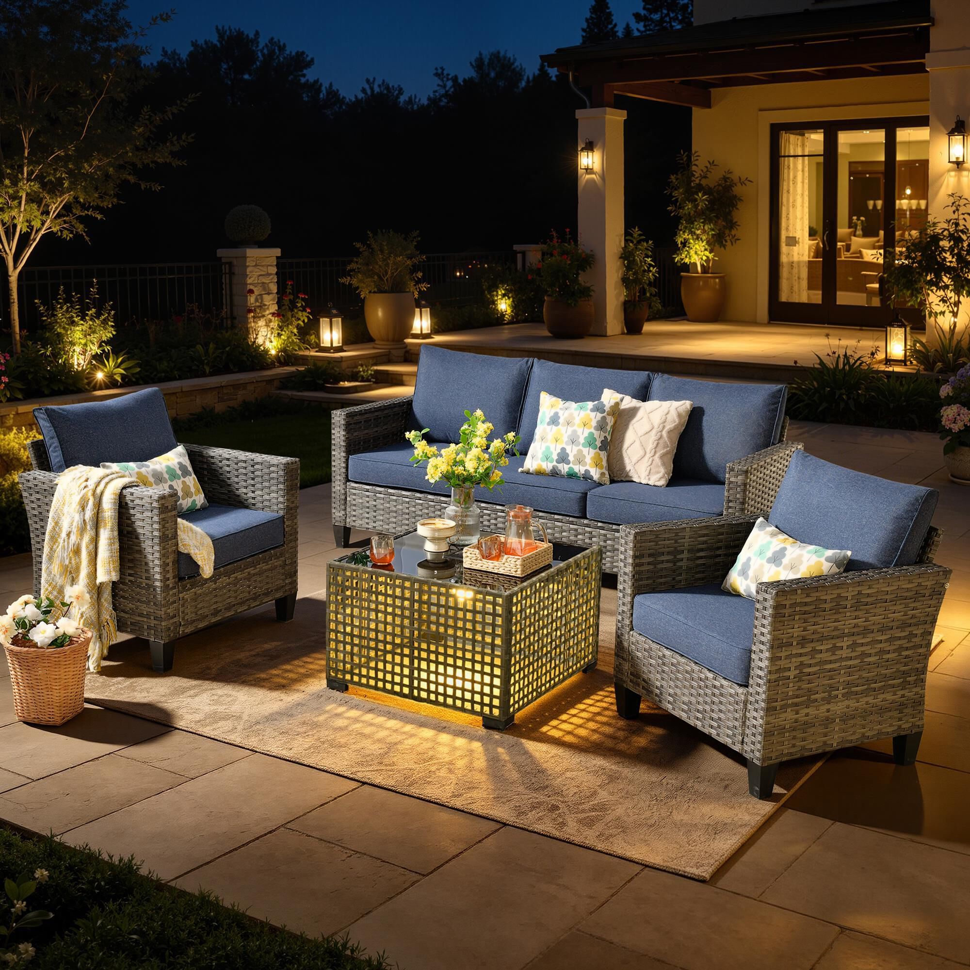 HOMLUX 4-Piece Outdoor Conversation Set with Deep-Seat Sofa in
