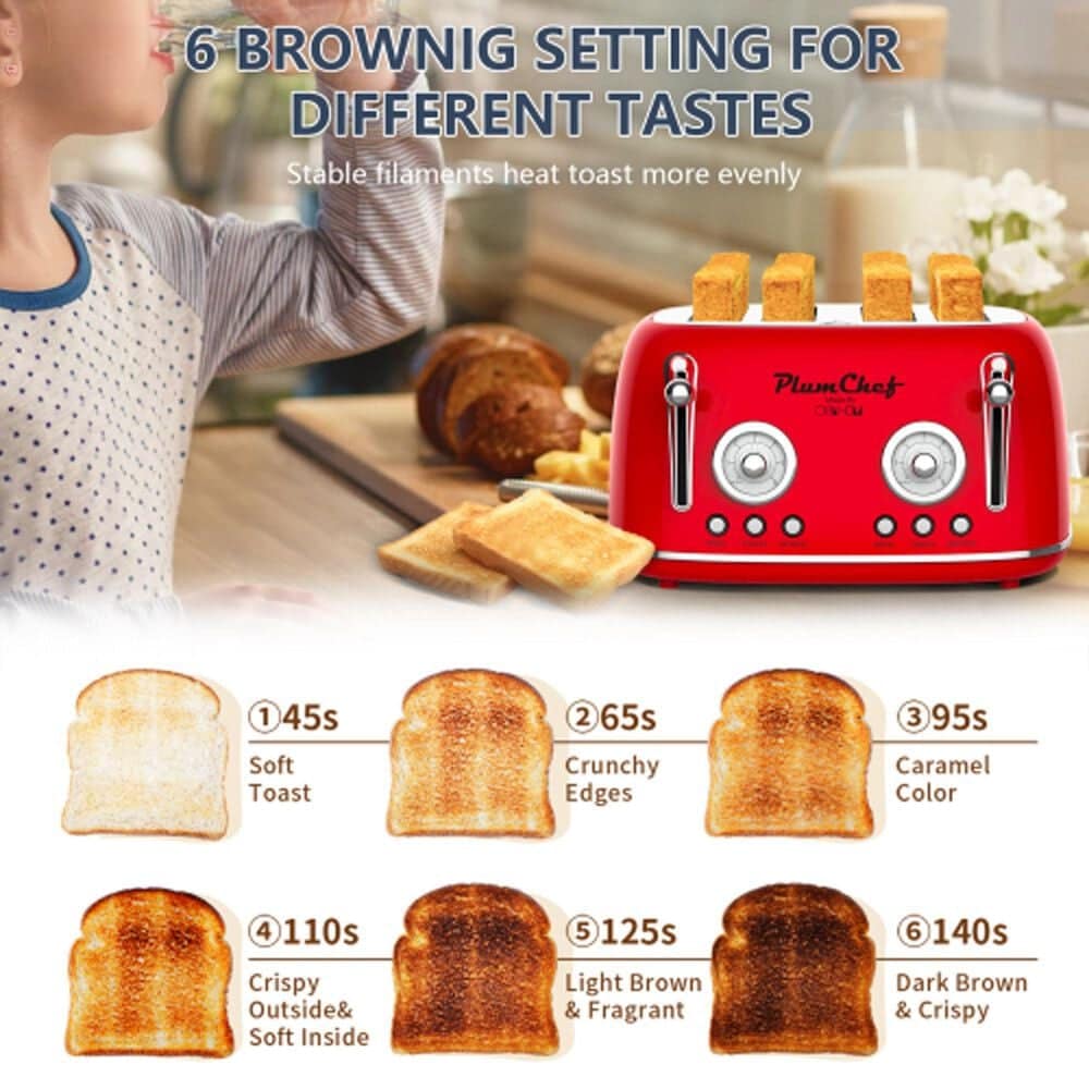 HOMLUX 4-Slice Retro Style Toaster in Red, , large