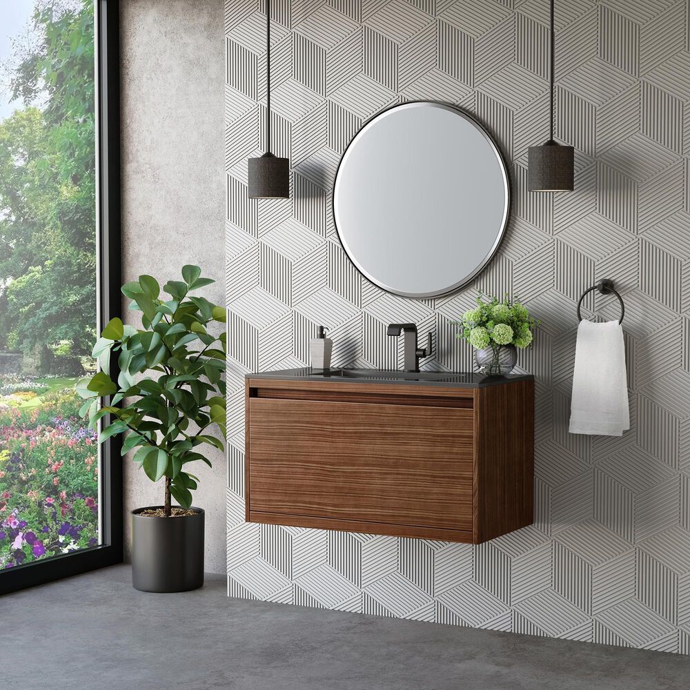 James Martin Vanities Mantova 35.4&quot; Single Vanity in Mid-Century Walnut and Brushed Nickel with 3 cm Charcoal Black Composite Stone Top and Rectangular Sink, , large