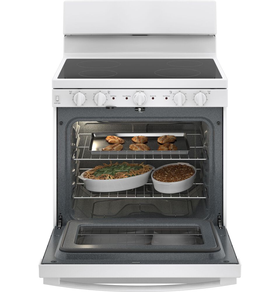 GE Appliances 30" Freestanding Self-Cleaning Radiant Front-Mount Range in White, , large