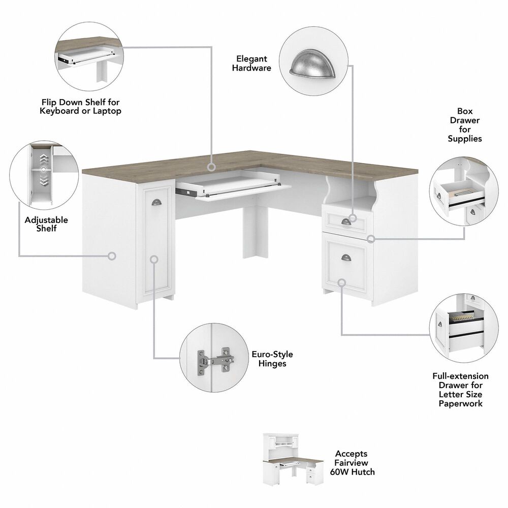 Bush Fairview 3-Piece Office Desk and File Cabinet Set in Shiplap Gray and Pure White, , large