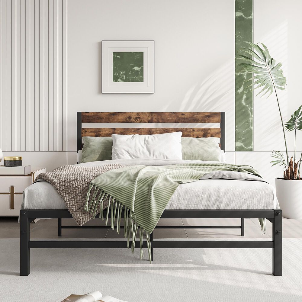 Hearth and Haven Full Platform Bed with Slat Wood Headboard in Black and Rustic Brown, , large