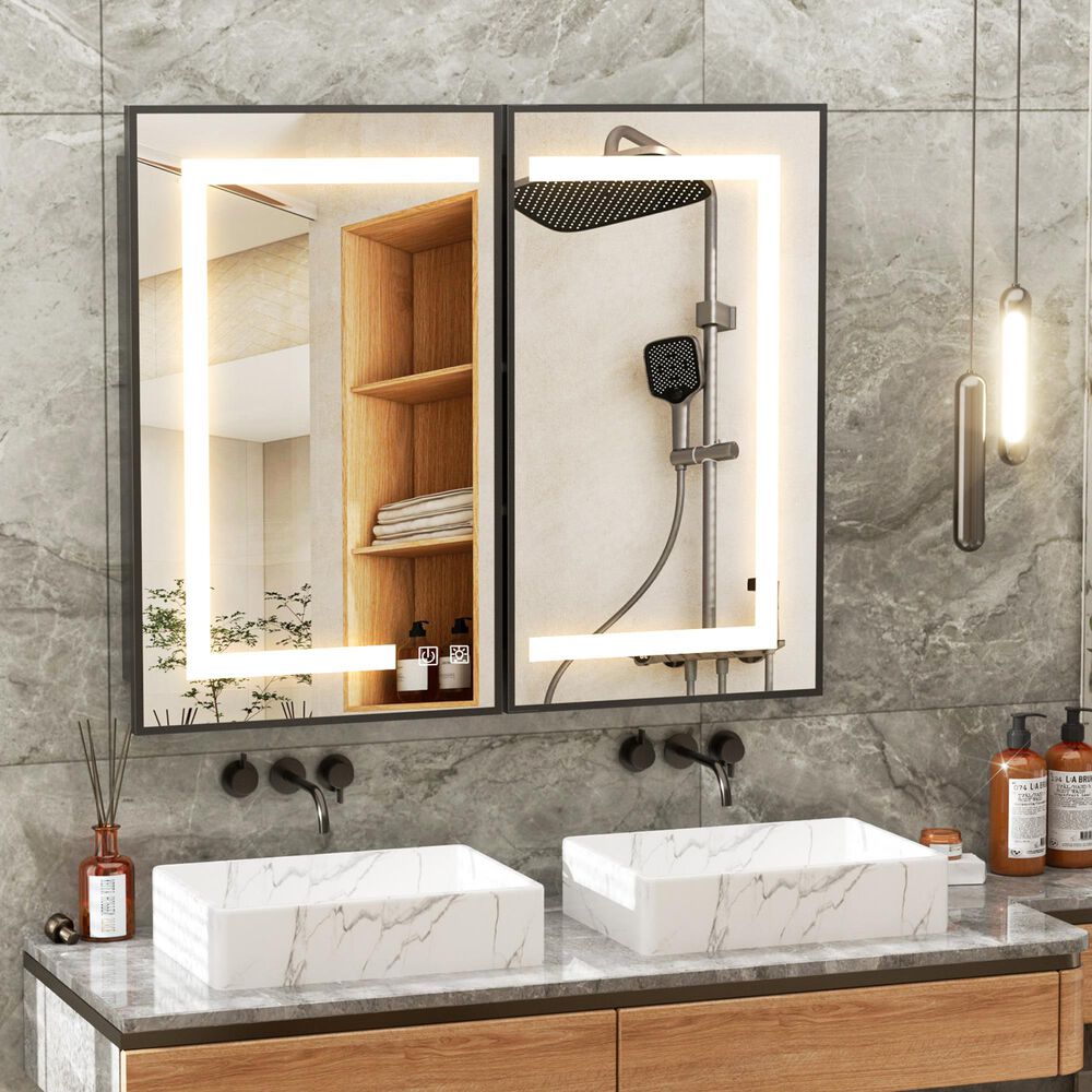 HOMLUX 40" x 32" Bathroom Medicine Cabinet with Mirror in Black, , large