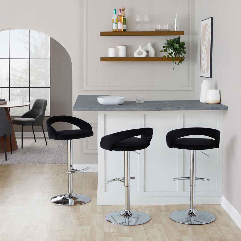 LumiSource Grotto Swivel Adjustable Bar Stool with Black Velvet Upholstery in Chrome (Set of 2), , large