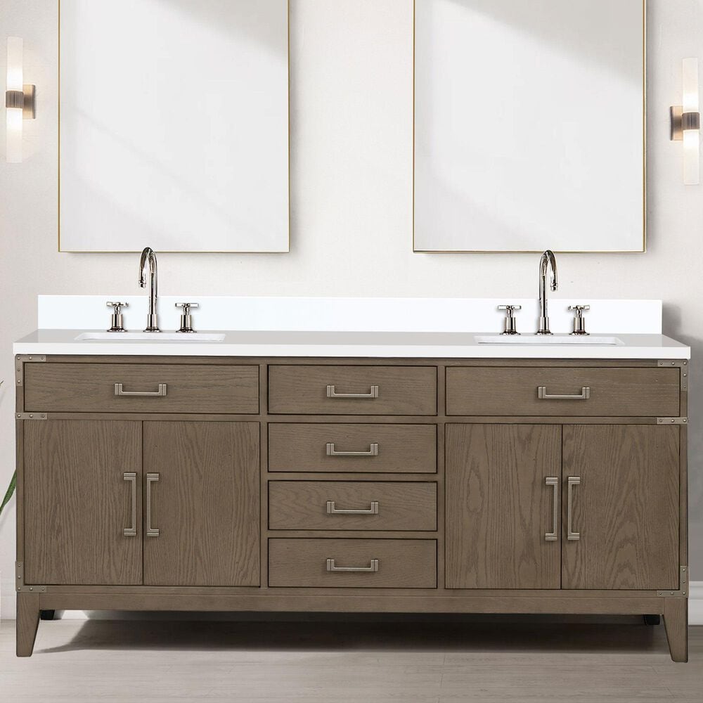 Lexora Home Laurel 72&quot; Double Bathroom Vanity in Grey Oak with White Quartz Top and Rectangular Sinks, , large