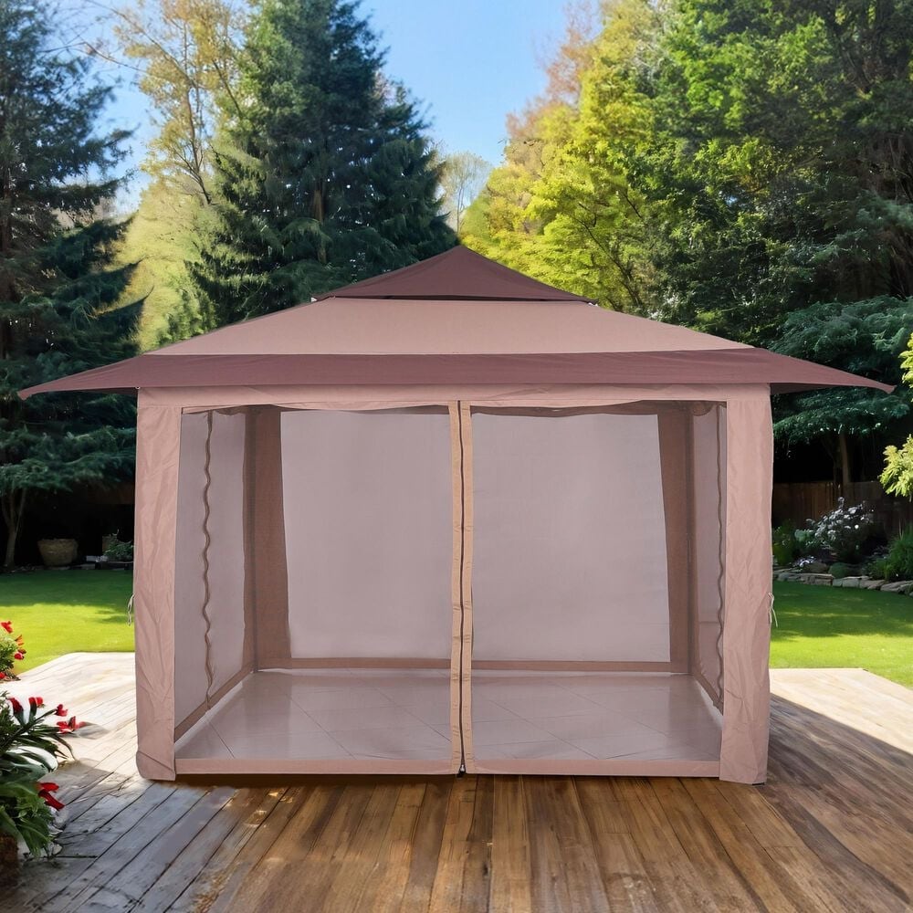 Furniture of America Saule 12&#39; Square Patio Gazebo with Around Netting in Brown, , large