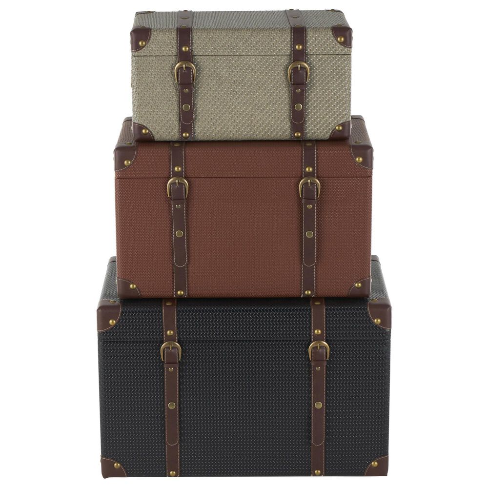 Maple and Jade 3-Piece Vintage Studded Woven Storage Decorative Trunk Set in Blue, Cream, and Maroon, , large