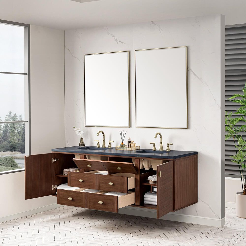 James Martin Vanities Amberly 72&quot; Double Bathroom Vanity in Walnut with 3 cm Charcoal Soapstone Quartz Top and Rectangular Sinks, , large