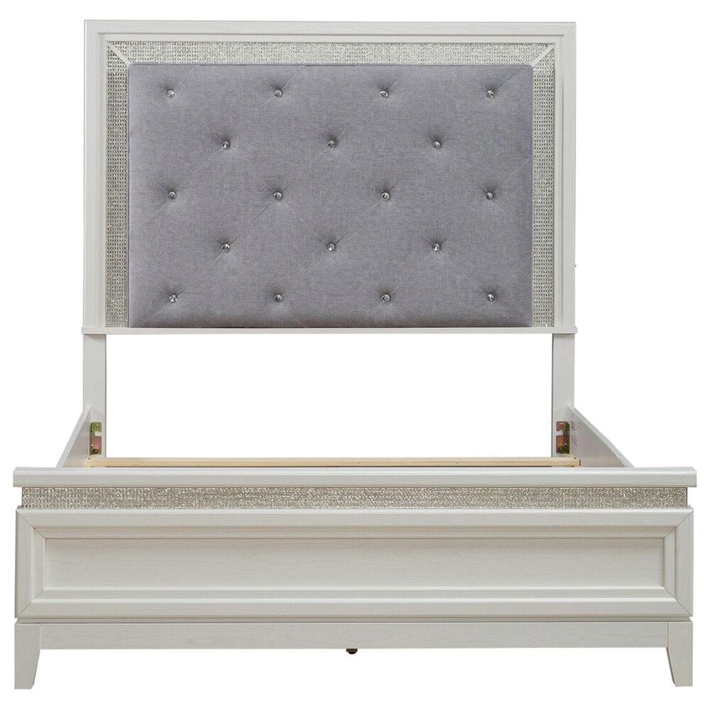 Belle Furnishings Reflections Queen Panel Bed with Gray Upholstered in Pearl White and Rhinestone, , large