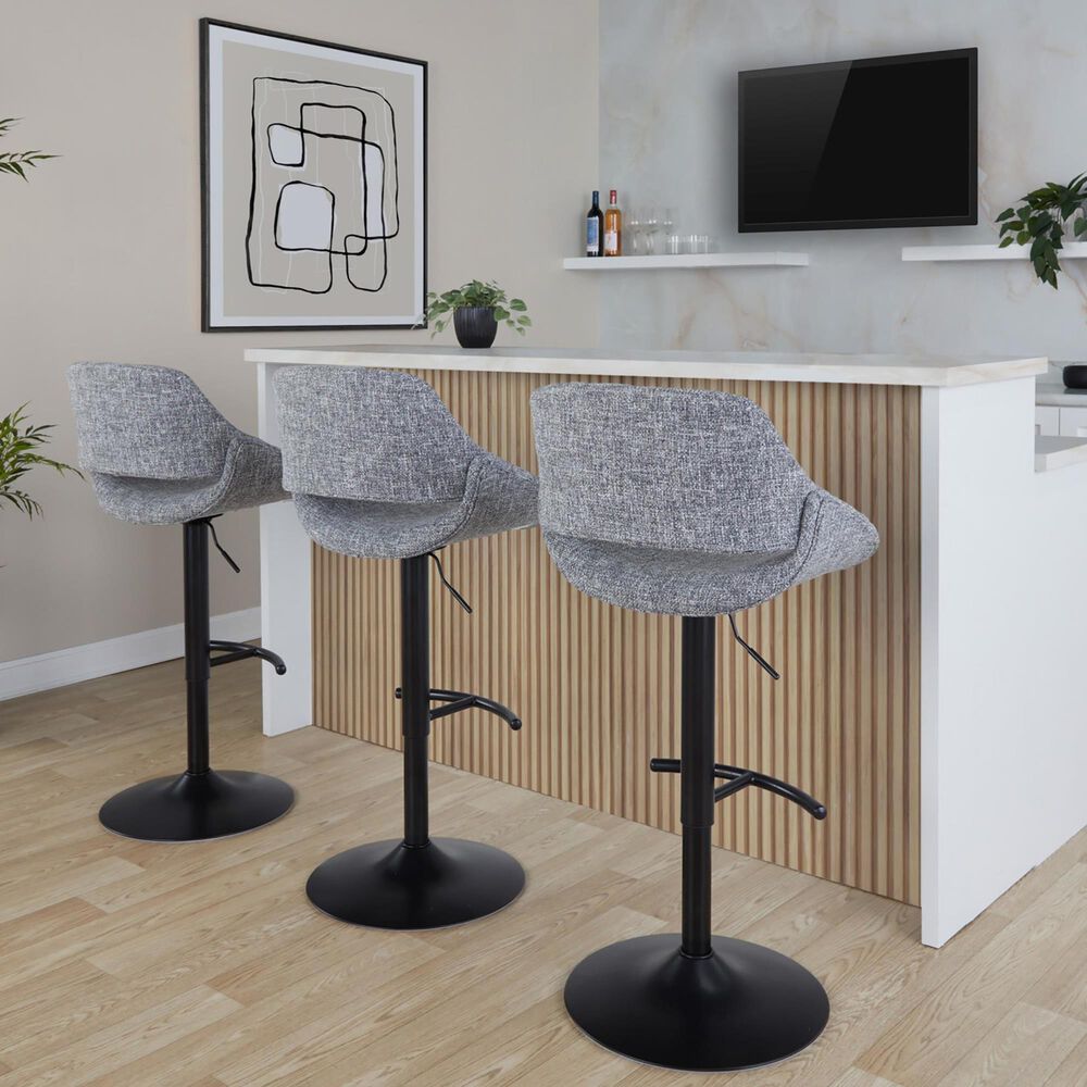 LumiSource Fabrico Swivel Adjustable Bar Stool with Grey Noise Fabric Upholstery and Rounded T Footrest in Black (Set of 2), , large