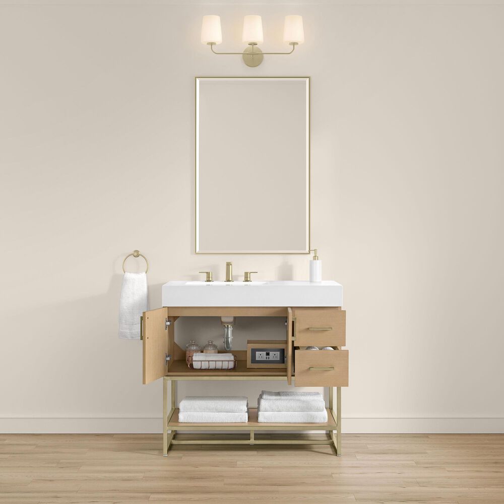 37B Mauri 36" Single Bathroom Vanity with Metal Base in Warm Oak with High-Profile 4" White Composite Stone Top, , large