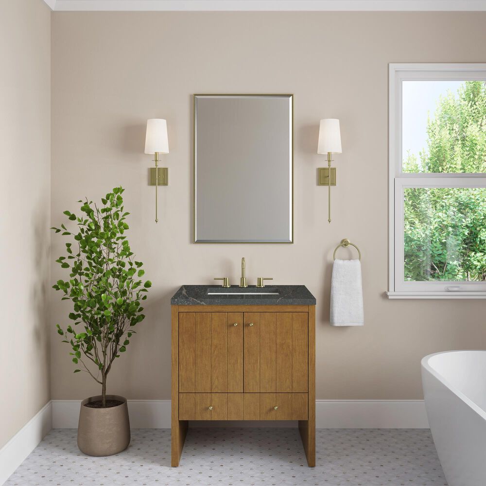 James Martin Hudson 30" Single Bathroom Vanity in Honey Oak with 3 cm Parisien Bleu Silestone Top and Rectangular Sink, , large