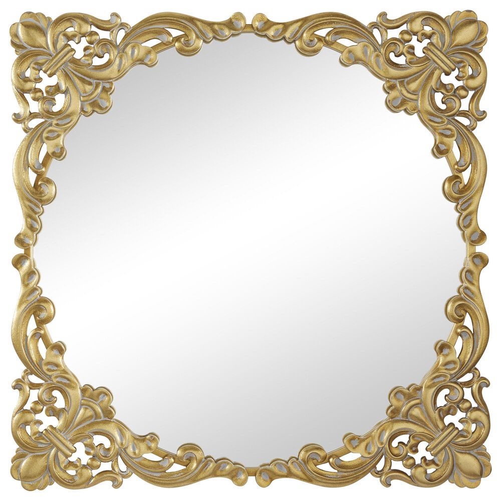 Maple and Jade 30" Square Ornate Baroque Floral Wall Mirror with Distressed Details in Satin Gold, , large