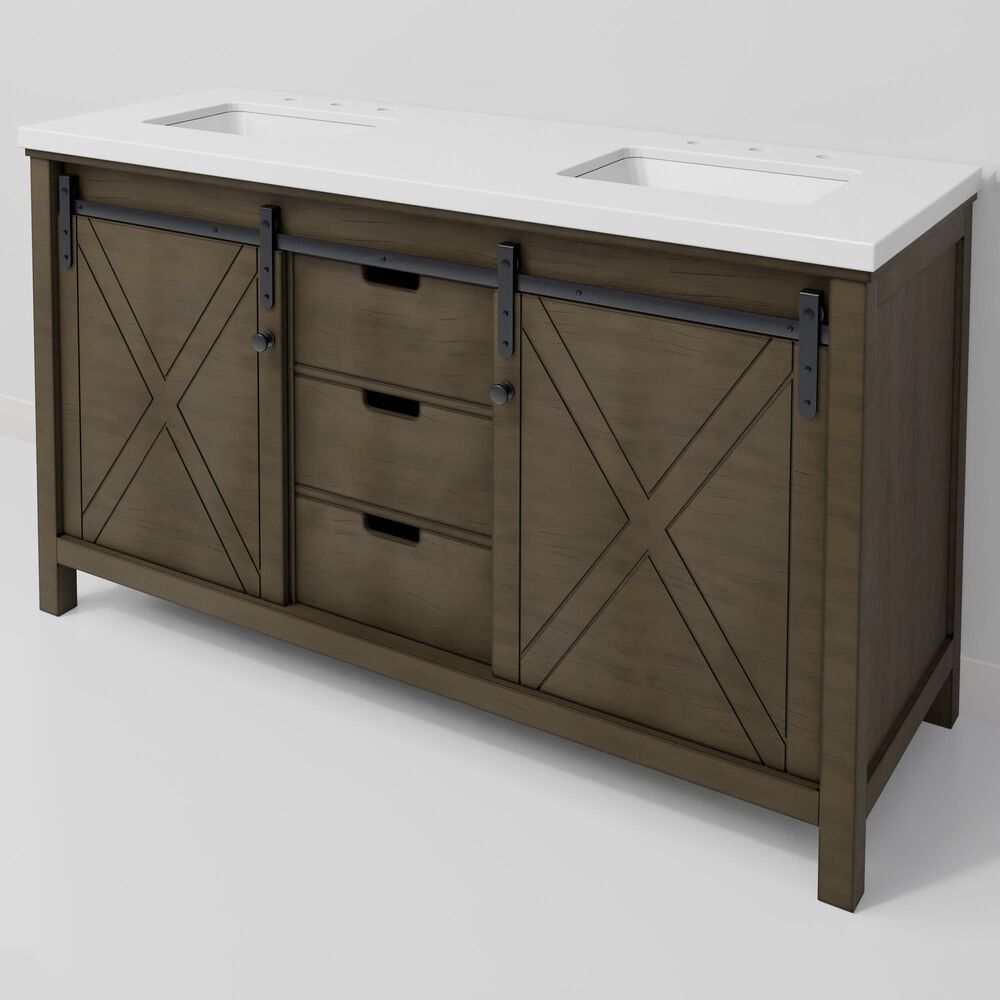 Lexora Home Marsyas 60" Double Bathroom Vanity in Rustic Brown with 2 cm White Cultured Marble Top and Rectangular Sinks, , large